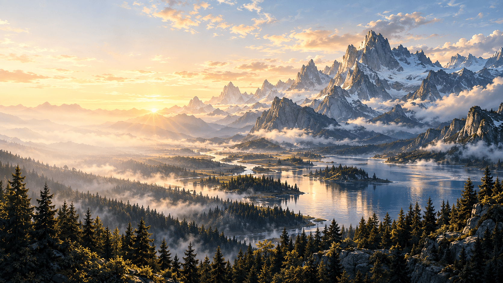 A sunlit alpine valley opening toward distant peaks